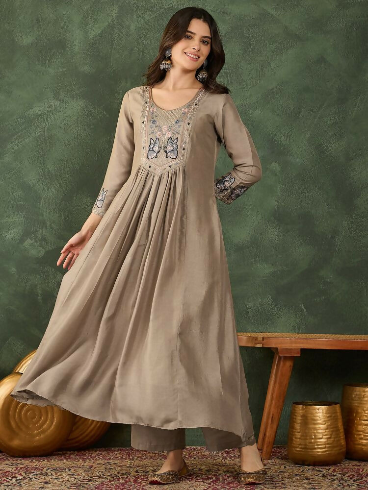 The52 Women's Gorgeous Embroidery Work Vichitra SIlk Fabric Flared Anarkali Pant and Dupatta Set