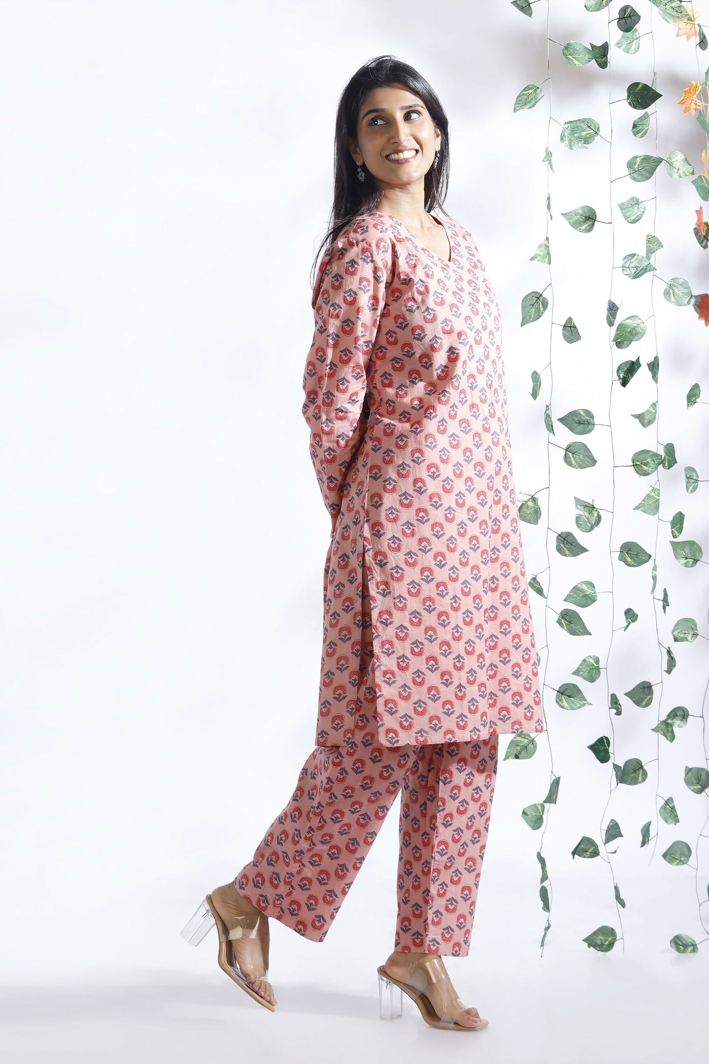 Breathables WomenS Loungewear Long Kurta Co-Ord Set Cotton Pink Indian Motif Butta Print