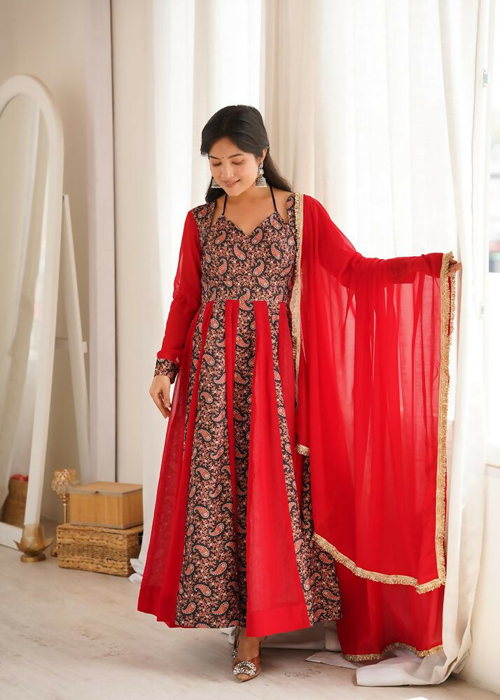 Teeya Creation Women's Red Black Paisley Print Anarkali Gown Set with Dupatta Festive Ethnic Wear