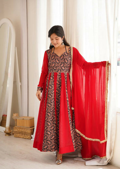 Teeya Creation Women's Red Black Paisley Print Anarkali Gown Set with Dupatta Festive Ethnic Wear