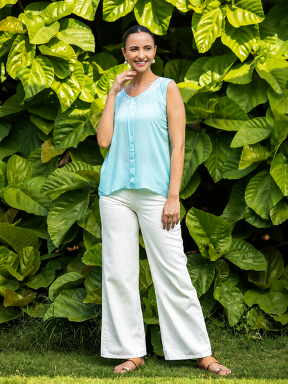 Gharana India Modal Sleeveless Light Blue Chikankari Top