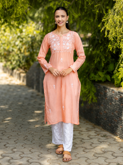 Gharana India Saheba Chikankari Peach Pink Pure Cotton Kurta With Very Fine Embroidery Work