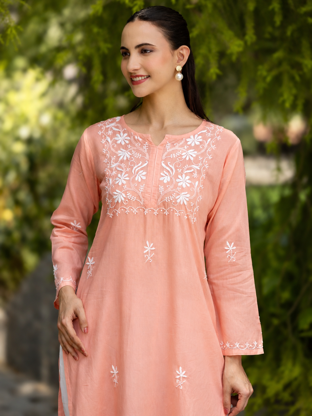 Gharana India Saheba Chikankari Peach Pink Pure Cotton Kurta With Very Fine Embroidery Work