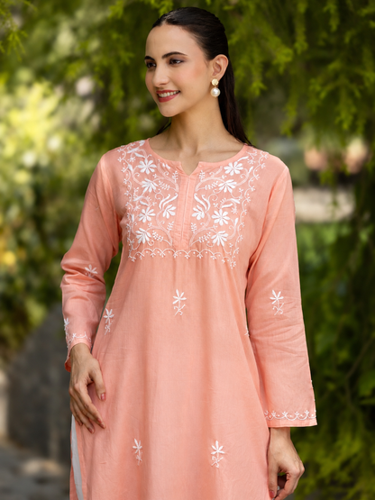 Gharana India Saheba Chikankari Peach Pink Pure Cotton Kurta With Very Fine Embroidery Work