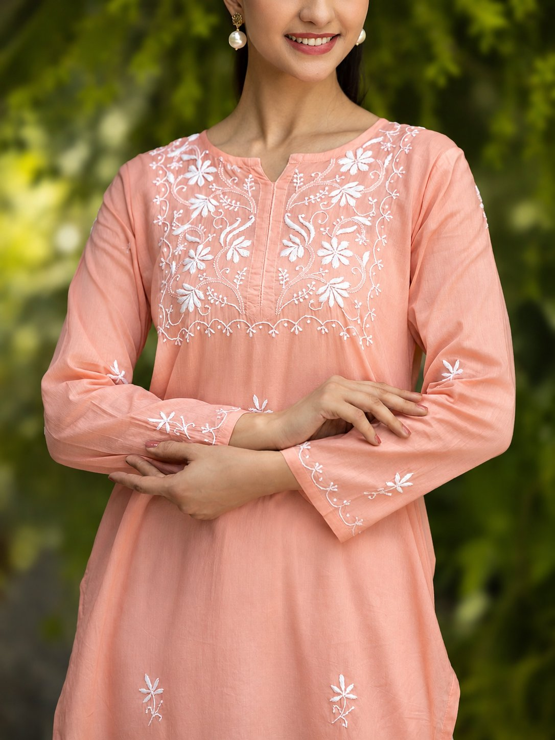 Gharana India Saheba Chikankari Peach Pink Pure Cotton Kurta With Very Fine Embroidery Work
