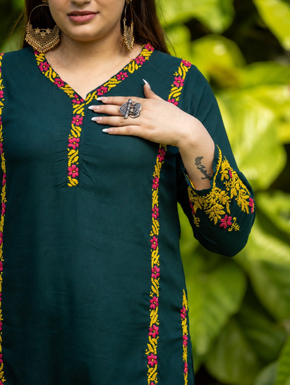Gharana India Rayon Bottle Green Chikankari Co Ord Set With Coloured Thread