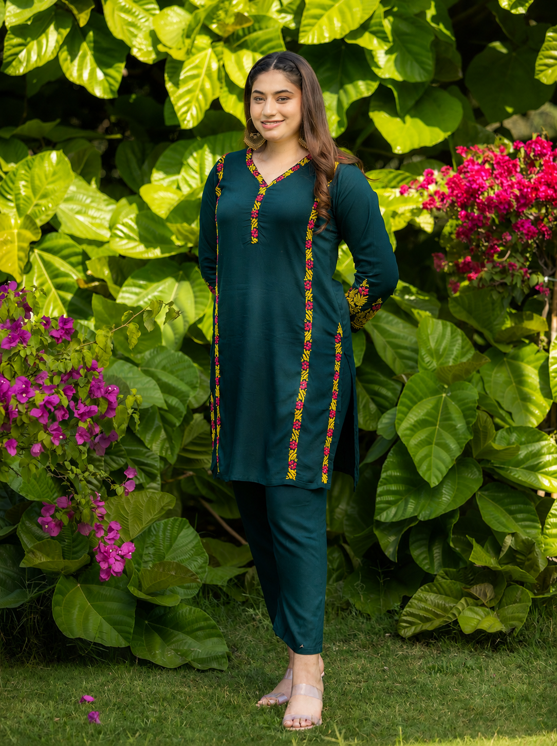 Gharana India Rayon Bottle Green Chikankari Co Ord Set With Coloured Thread