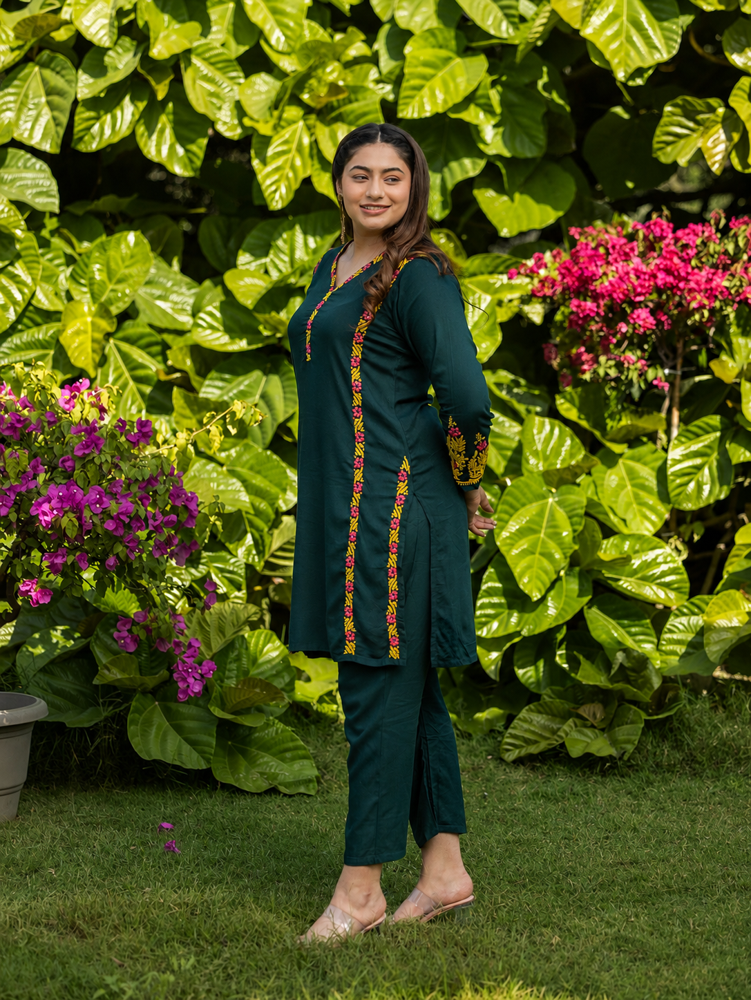 Gharana India Rayon Bottle Green Chikankari Co Ord Set With Coloured Thread