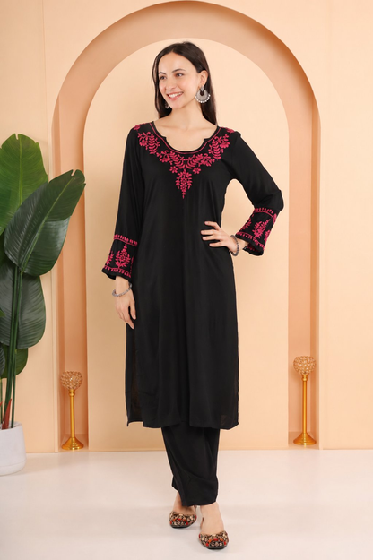 Gharana India Modal Black Chikankari Kurta Coord Set With Pink Coloured Thread Embroidery