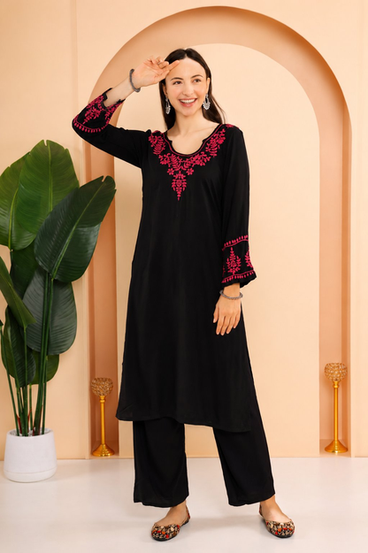 Gharana India Modal Black Chikankari Kurta Coord Set With Pink Coloured Thread Embroidery