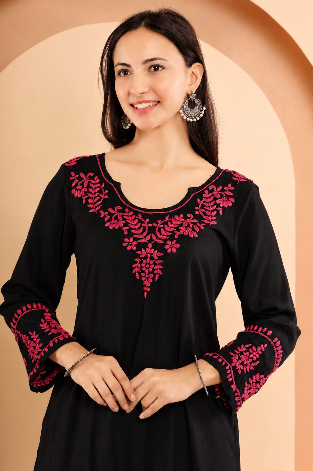 Gharana India Modal Black Chikankari Kurta Coord Set With Pink Coloured Thread Embroidery