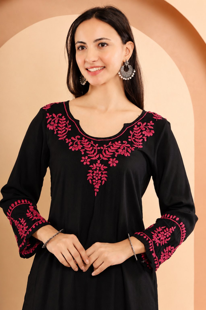 Gharana India Modal Black Chikankari Kurta Coord Set With Pink Coloured Thread Embroidery