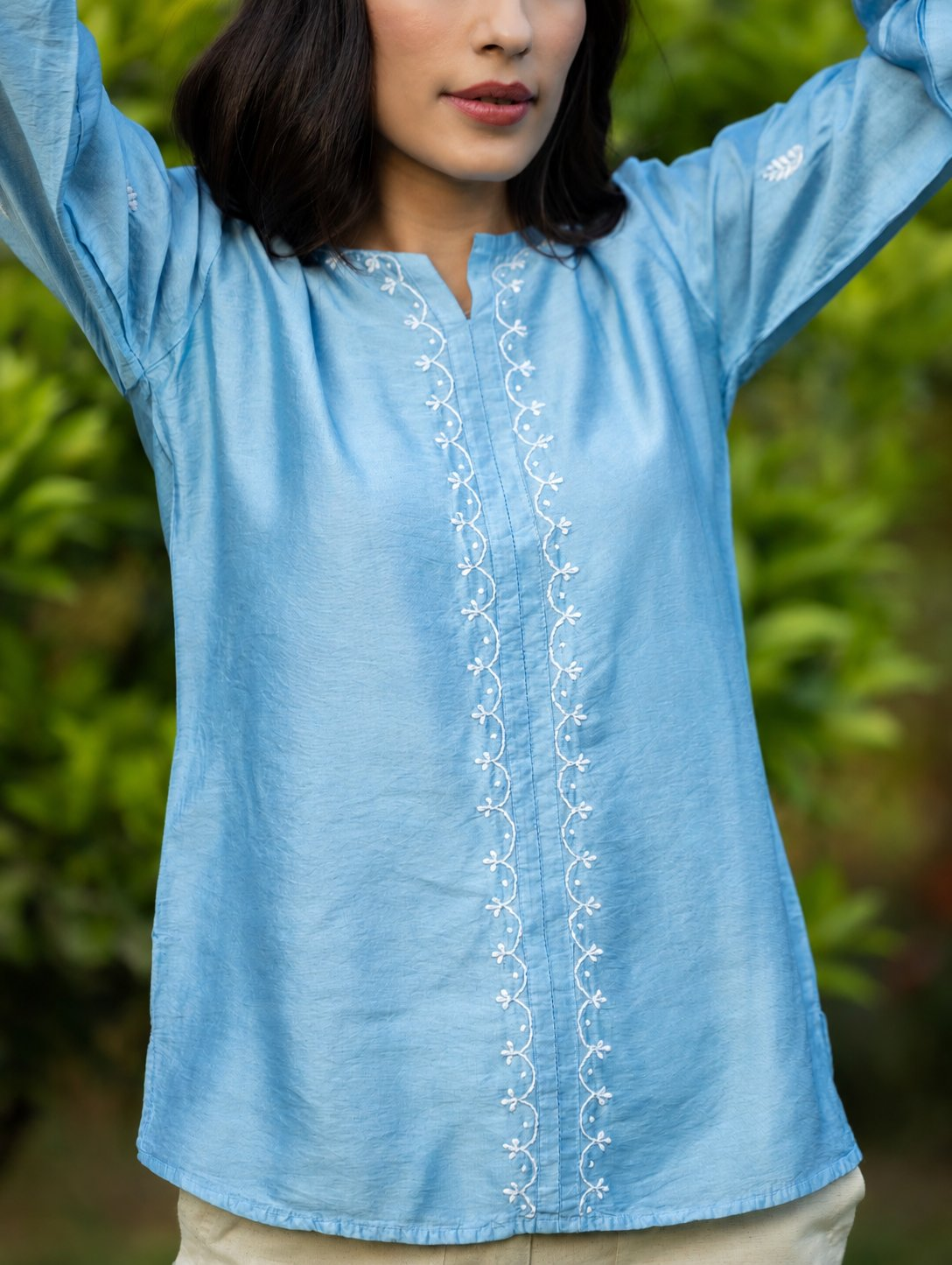 Gharana India Saheba Chikankari Bright Blue Top