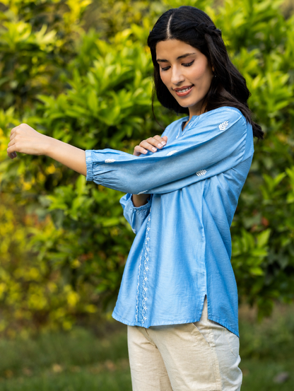 Gharana India Saheba Chikankari Bright Blue Top