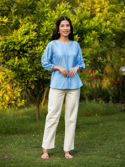 Gharana India Saheba Chikankari Bright Blue Top
