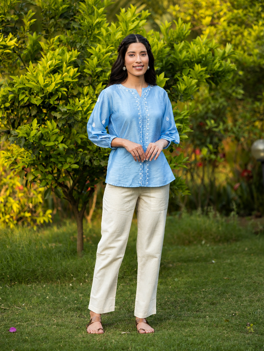 Gharana India Saheba Chikankari Bright Blue Top