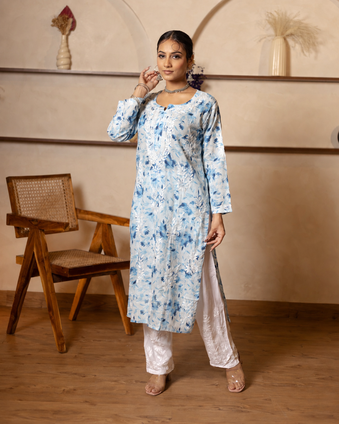 Gharana India Mul Cotton Kurta Floral Printed Blue