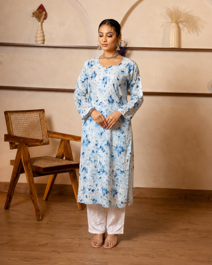 Gharana India Mul Cotton Kurta Floral Printed Blue