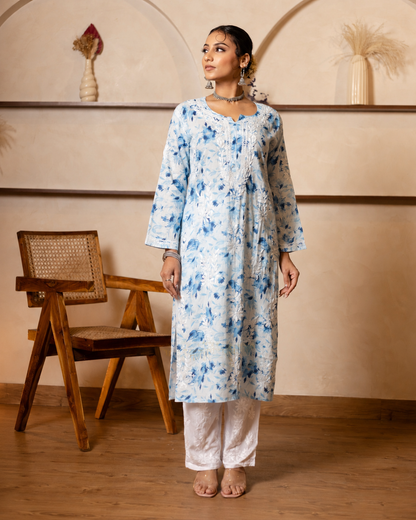 Gharana India Mul Cotton Kurta Floral Printed Blue