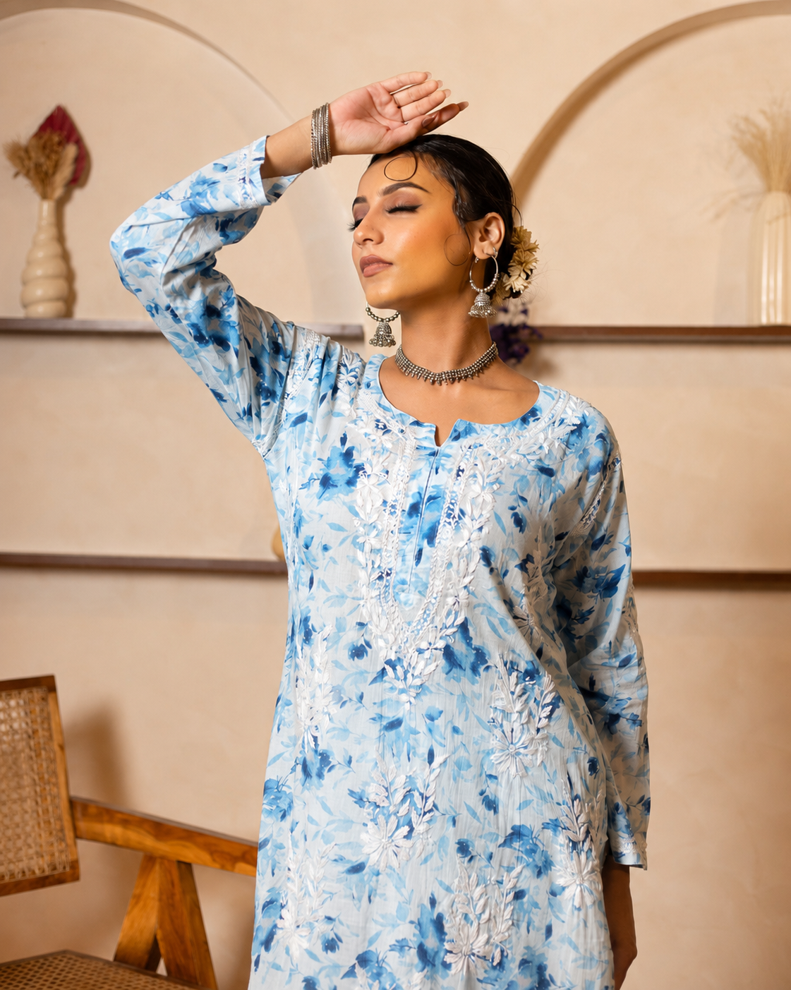 Gharana India Mul Cotton Kurta Floral Printed Blue