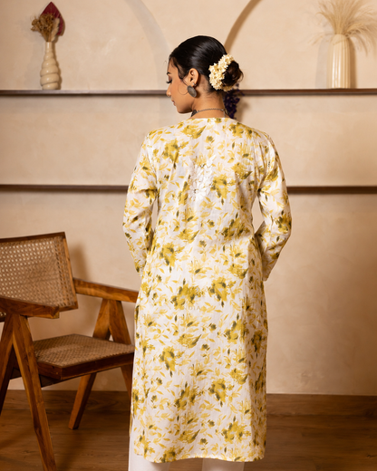 Gharana India Mulcotton Printed Green Chikankari Kurta