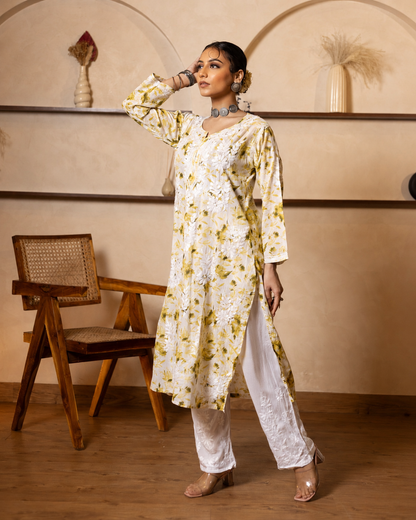 Gharana India Mulcotton Printed Green Chikankari Kurta