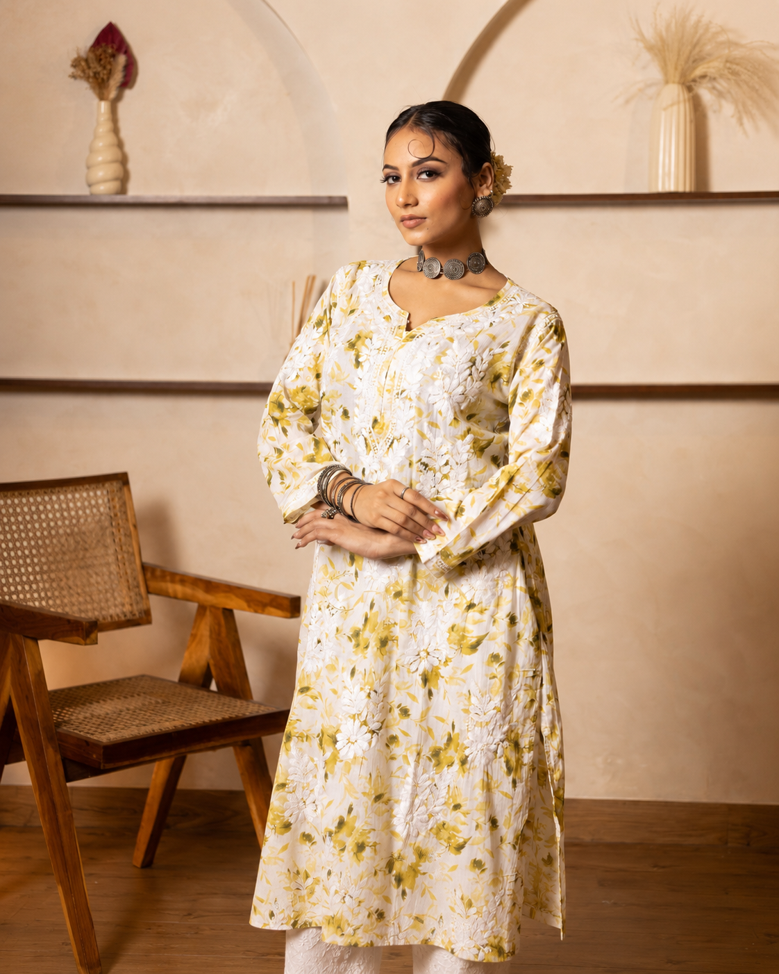 Gharana India Mulcotton Printed Green Chikankari Kurta