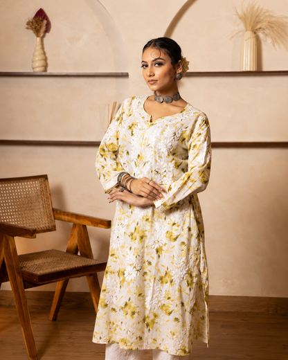 Gharana India Mulcotton Printed Green Chikankari Kurta
