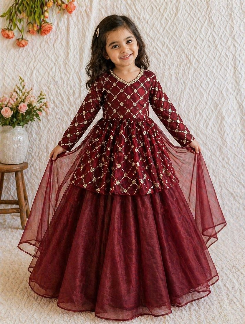 Evanik Maroon Embroidered Work Kids Twill Net Lehenga Choli Set