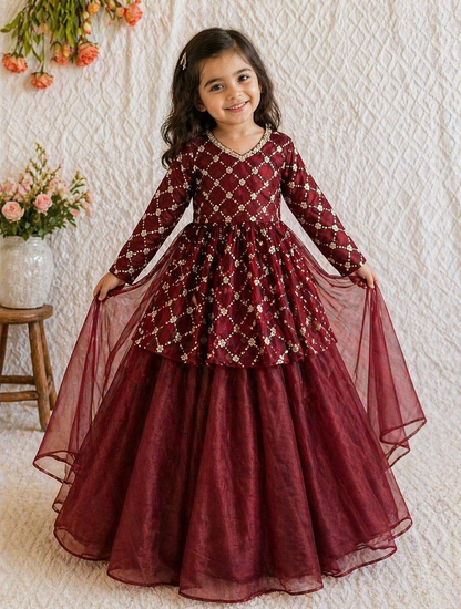 Evanik Maroon Embroidered Work Kids Twill Net Lehenga Choli Set