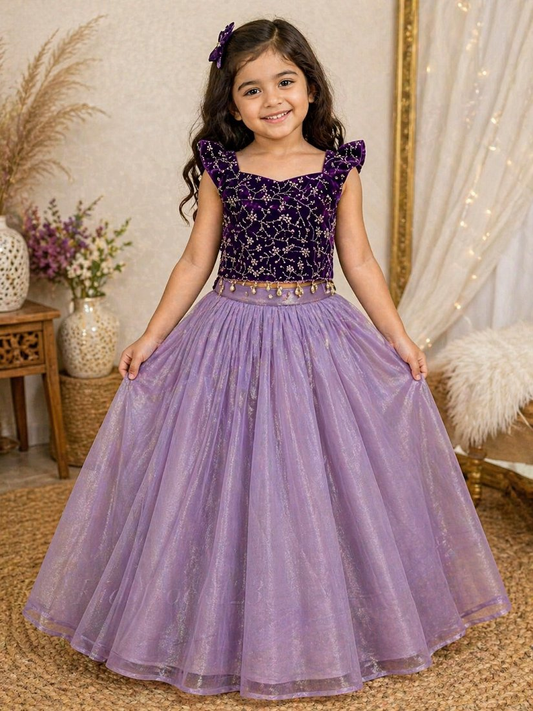 Evanik Purple Premium Micro Velvet Sequence Work Kids Lehenga Choli