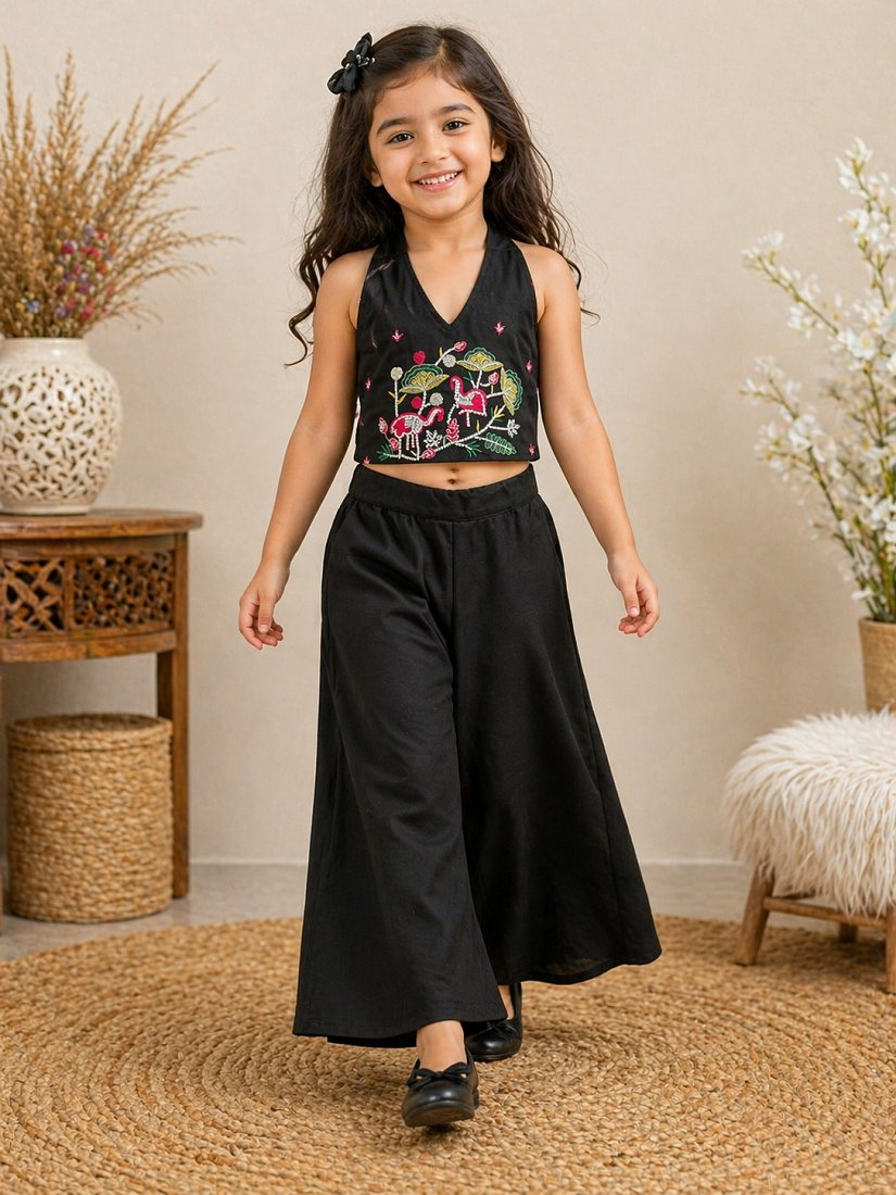 Evanik Black Premium Pure Cotton Fabric With Hand Work Kids Co-Ord Set
