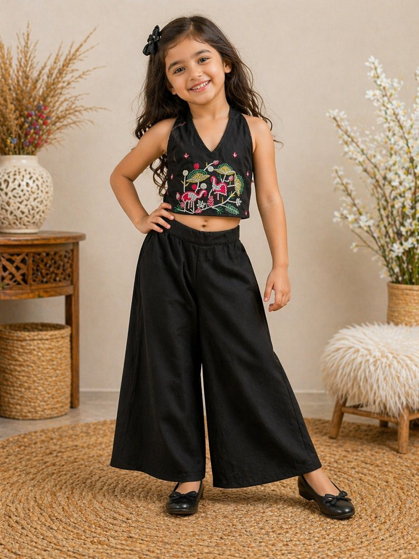 Evanik Black Premium Pure Cotton Fabric With Hand Work Kids Co-Ord Set