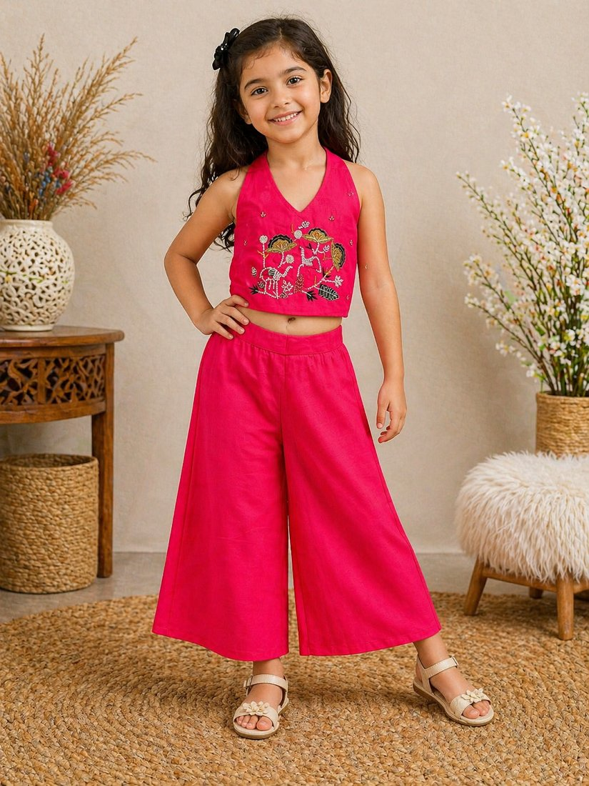 Evanik Pink Premium Pure Cotton Fabric With Hand Work Kids Co-Ord Set
