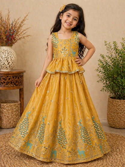 Evanik Yellow Pure Gold Crush With Peacock Design Work Kids Lehenga Choli