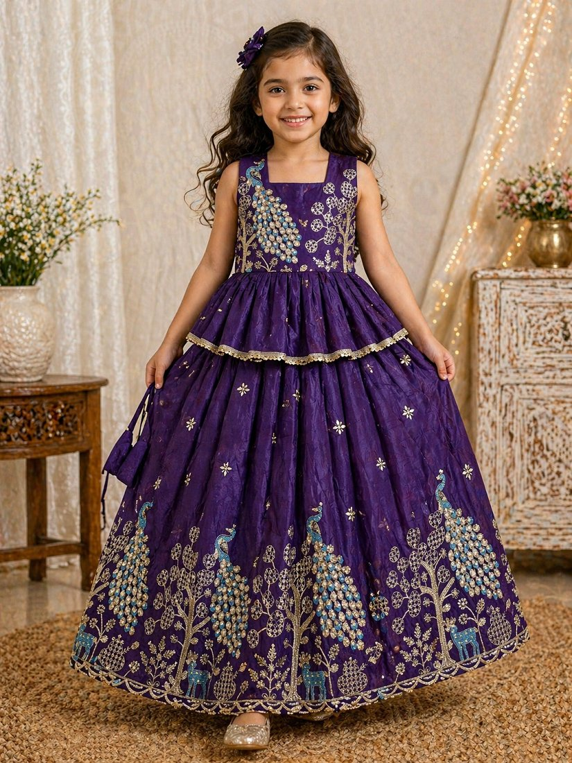 Evanik Purple Pure Gold Crush With Peacock Design Work Kids Lehenga Choli