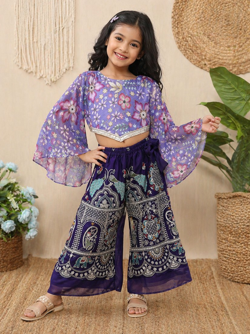 Evanik Lavender Chinon With Position Print And Embroidered Work Palazzo Set for Kids