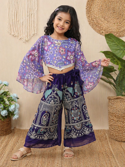 Evanik Lavender Chinon With Position Print And Embroidered Work Palazzo Set for Kids