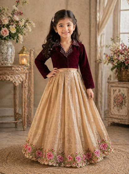 Evanik Maroon Embroidered Work Kids Party Wear Look Kids Lehenga Choli