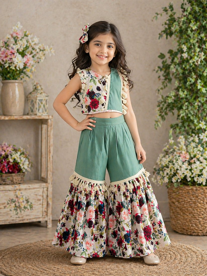 Evanik Green Kids Summer Cotton With Floral Print Co-Ord Set