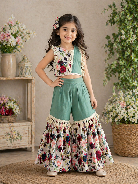 Evanik Green Kids Summer Cotton With Floral Print Co-Ord Set