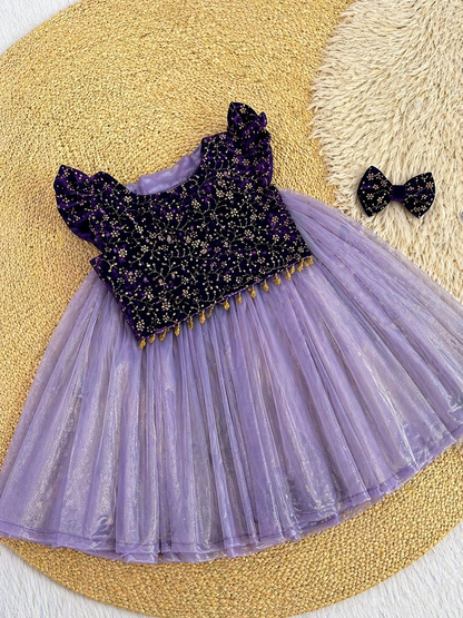Evanik Purple Premium Micro Velvet Sequence Work Kids Lehenga Choli