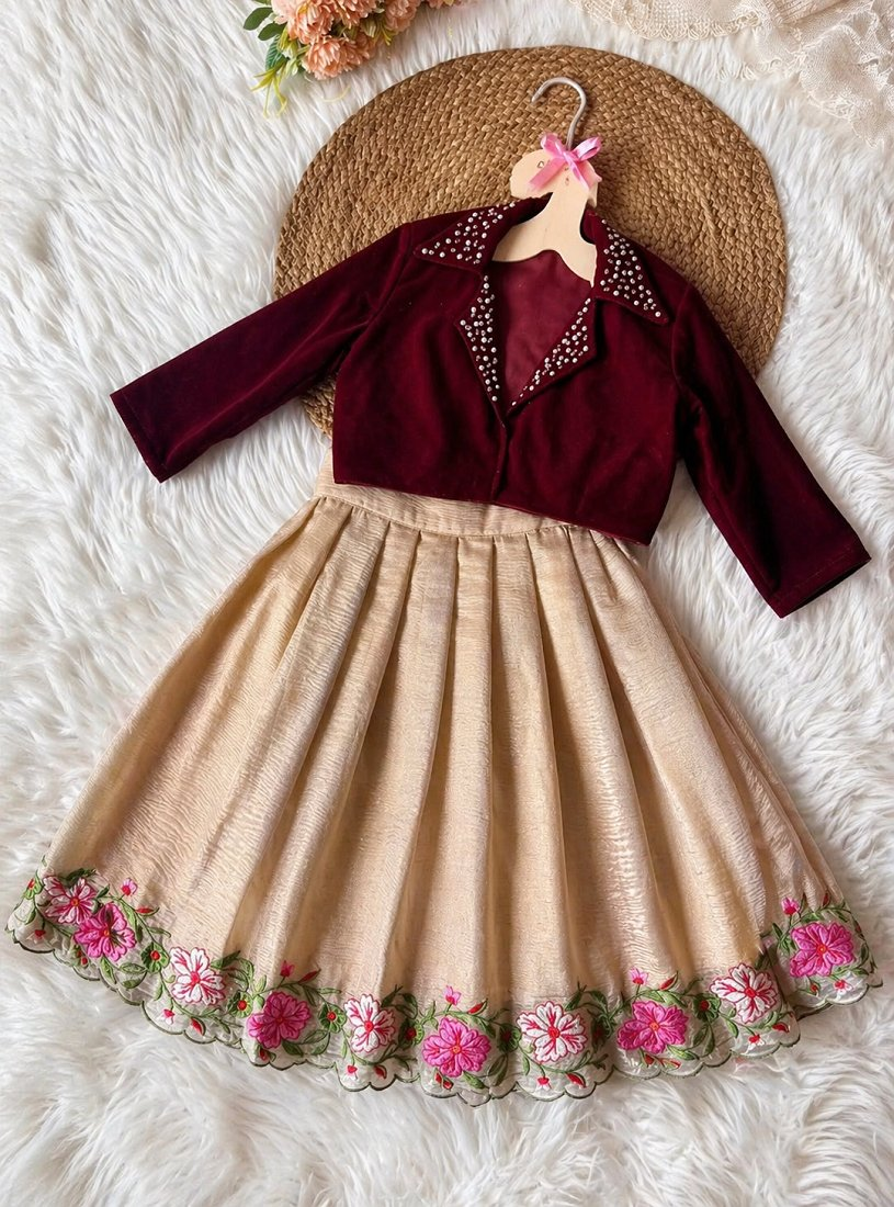 Evanik Maroon Embroidered Work Kids Party Wear Look Kids Lehenga Choli