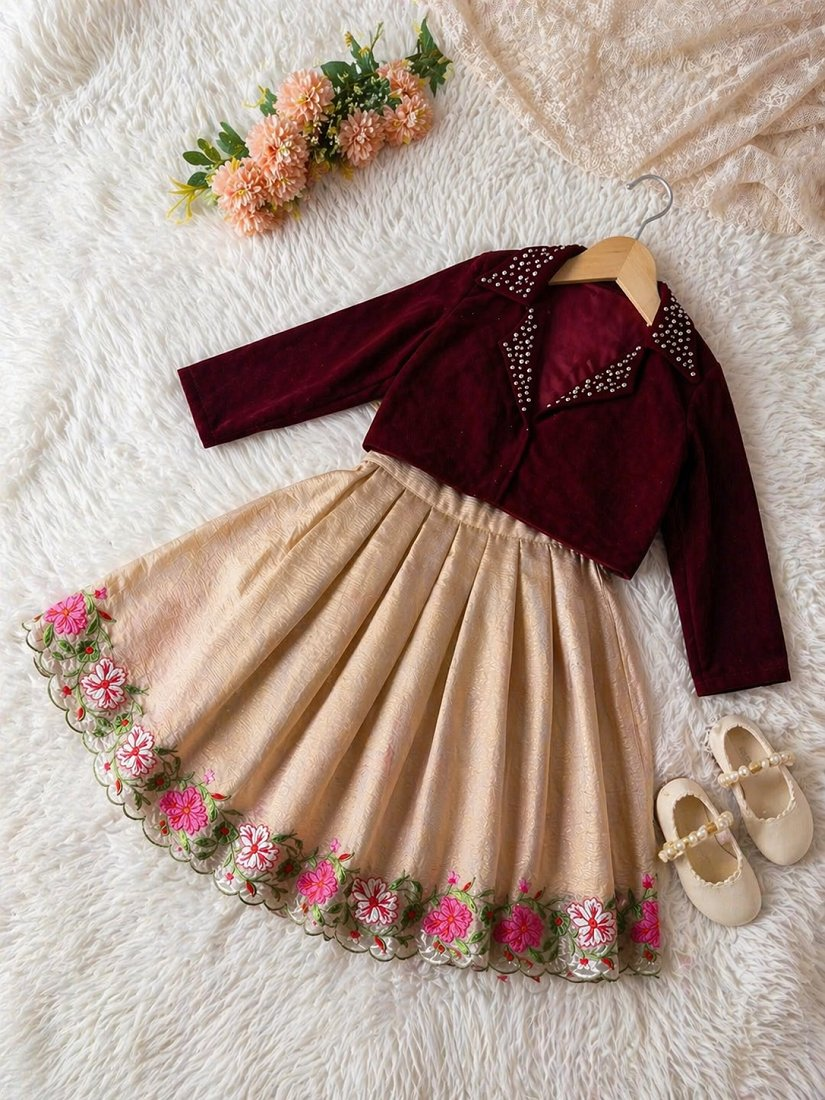 Evanik Maroon Embroidered Work Kids Party Wear Look Kids Lehenga Choli