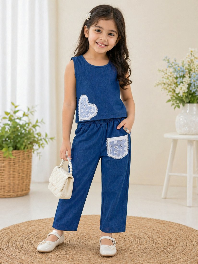 Evanik Blue Kids Denim Summer Co-Ord Set With Lace Heart & Pocket