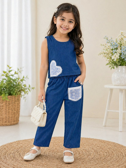 Evanik Blue Kids Denim Summer Co-Ord Set With Lace Heart & Pocket