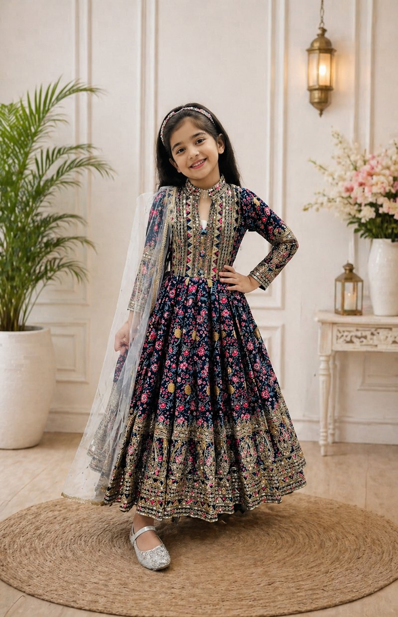 Evanik Black Kids Chinon Silk Digital Print With Embroidered Work Wedding Gown