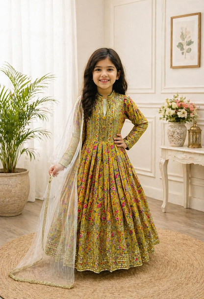 Evanik Yellow Kids Chinon Silk Digital Print With Embroidered Work Wedding Gown