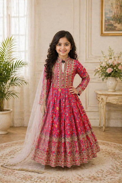 Evanik Red Kids Chinon Silk Digital Print With Embroidered Work Wedding Gown