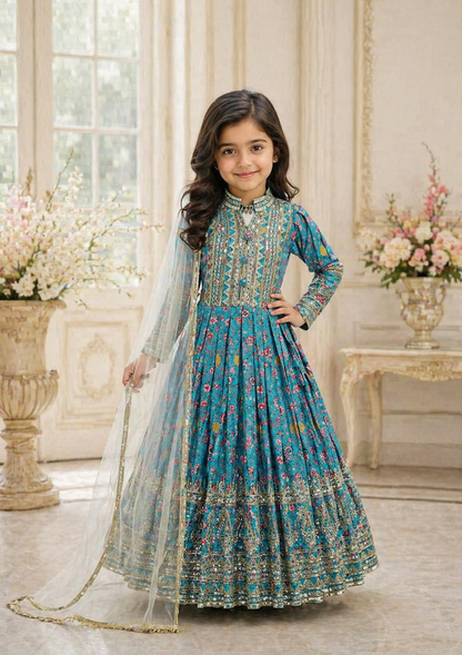 Evanik Turquoise Kids Chinon Silk Digital Print With Embroidered Work Wedding Gown